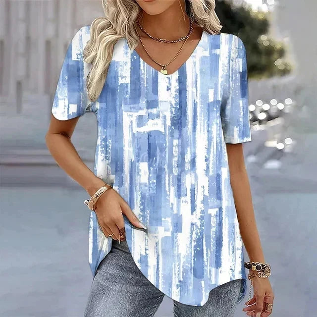 T Shirt Women Watercolour Wildflower Print | V Neck and Short Sleeves in Blue#colour_blue