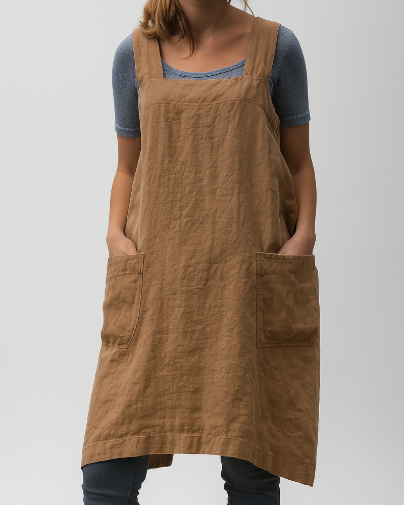 Dresses Linen Pinafore Apron Dress | Square Neck Wide Shoulder Straps in Khaki#colour_khaki