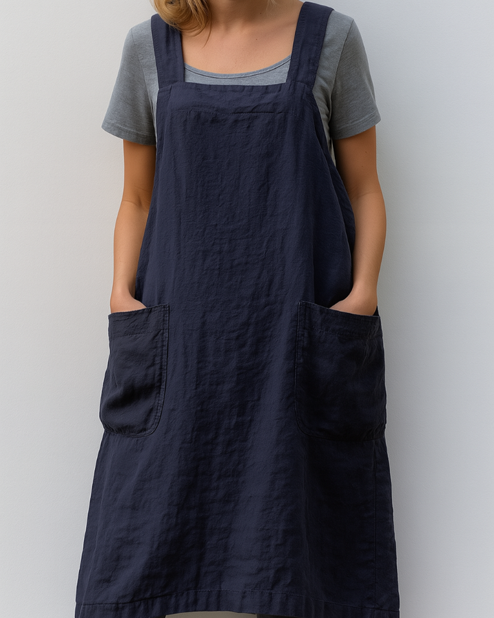 Dresses Linen Pinafore Apron Dress | Square Neck Wide Shoulder Straps in Navy#colour_navy