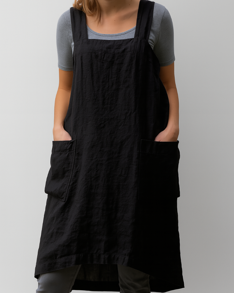 Dresses Linen Pinafore Apron Dress | Square Neck Wide Shoulder Straps in Black#colour_black