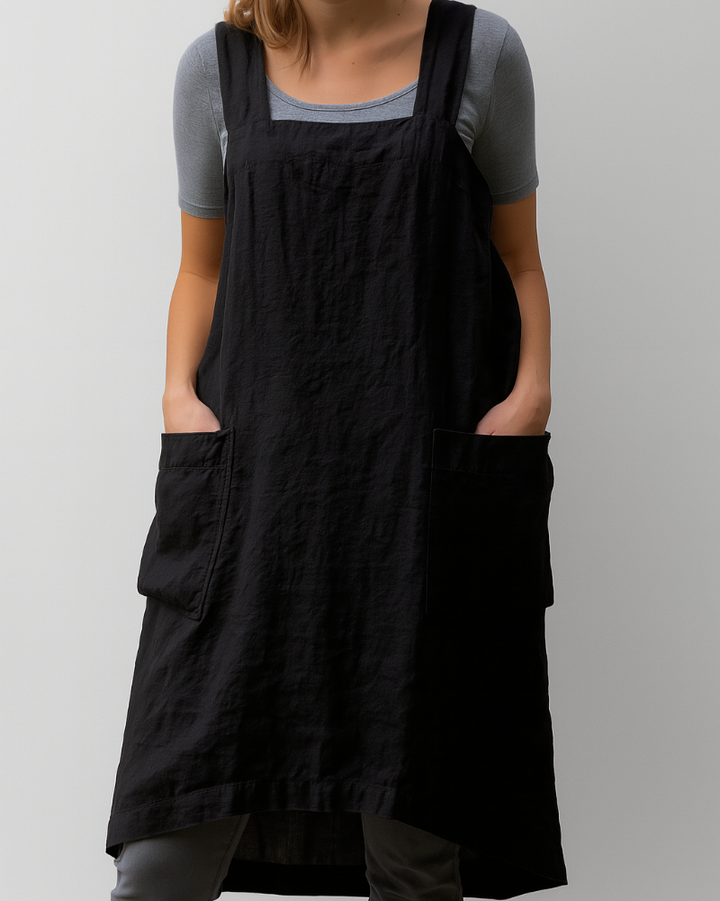 Dresses Linen Pinafore Apron Dress | Square Neck Wide Shoulder Straps in Black#colour_black