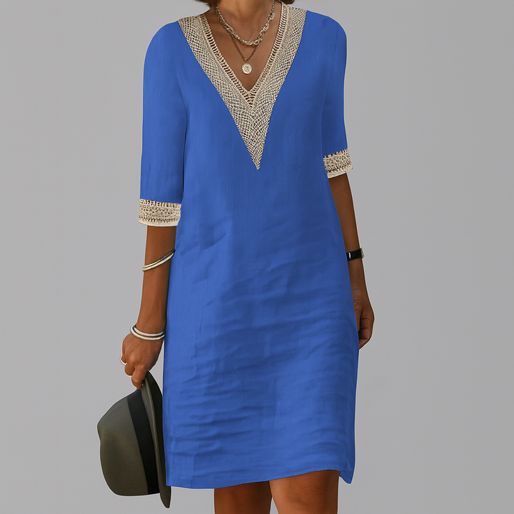 Midi Dress with Sleeves Linen Shift | V Neckline Three quarter Crochet Lace Trim in Blue#colour_blue