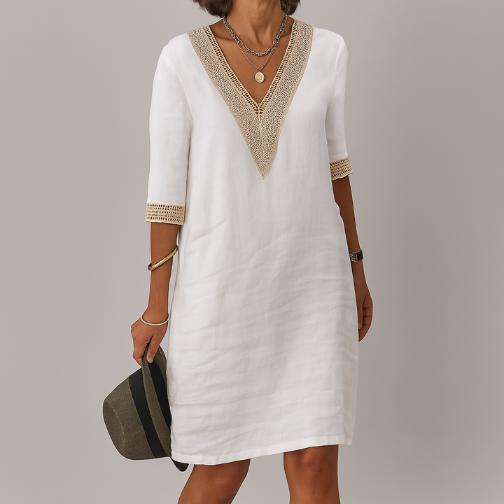 Midi Dress with Sleeves Linen Shift | V Neckline Three quarter Crochet Lace Trim in White#colour_white
