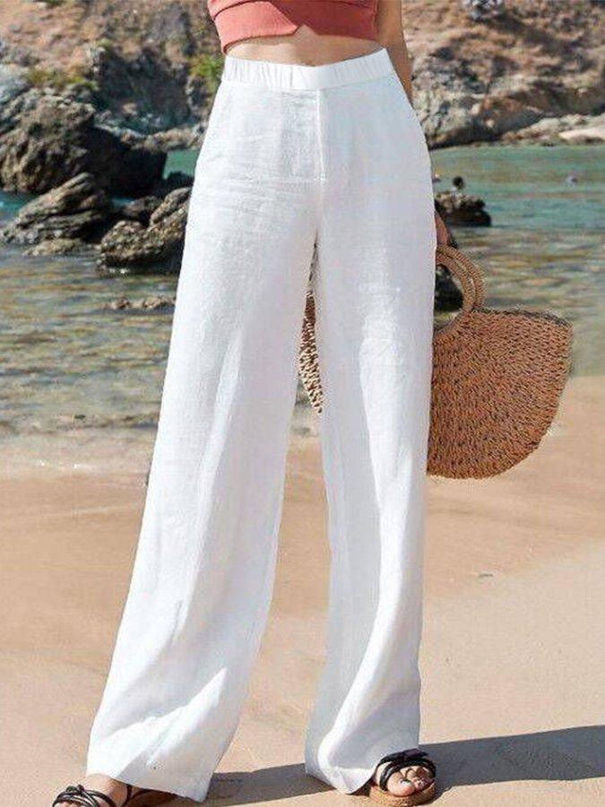 Linen Pants Women Flat Waistband | Long Fluid Wide Leg in Plain White – White #colour_white
