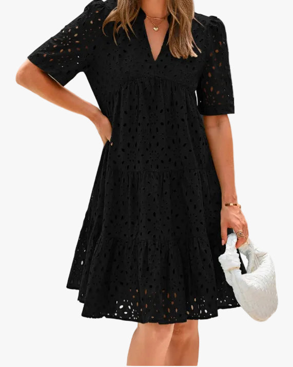 Midi Dress Women Broderie Eyelet | Breezy Tiered Puff Sleeve – Black #colour_black