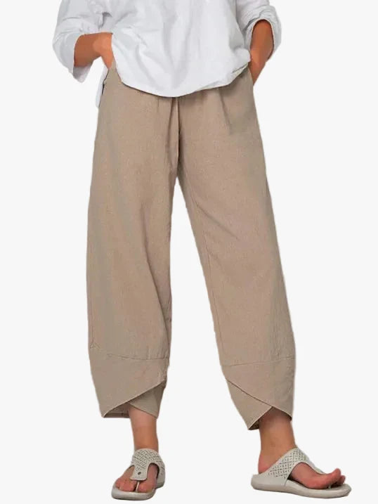 Linen Pants Women Pull On Waist | Soft Tapered Leg and Overlap Hem – Khaki #colour_khaki