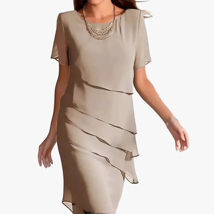 Mini Dress Women Layered Chiffon | Soft Round Neck Short Sleeve – Beige #colour_beige