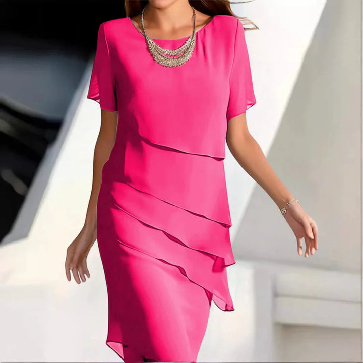 Mini Dress Women Layered Chiffon | Soft Round Neck Short Sleeve – Magenta #colour_magenta