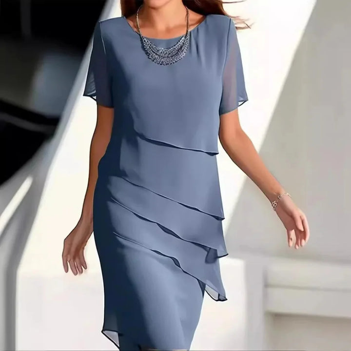 Mini Dress Women Layered Chiffon | Soft Round Neck Short Sleeve – Blue #colour_blue