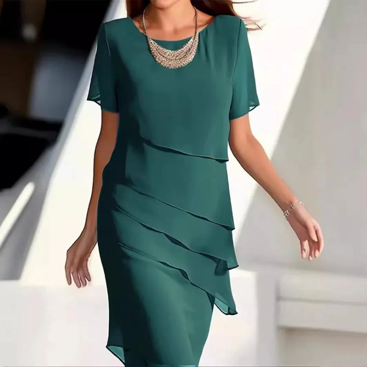Mini Dress Women Layered Chiffon | Soft Round Neck Short Sleeve – Green #colour_green