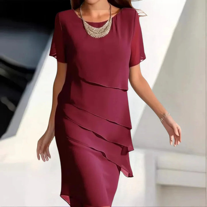 Mini Dress Women Layered Chiffon | Soft Round Neck Short Sleeve – Burgundy #colour_burgundy