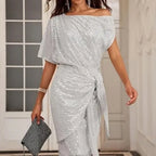 Green Dress Women with Belted Waist in Silver#colour_silver