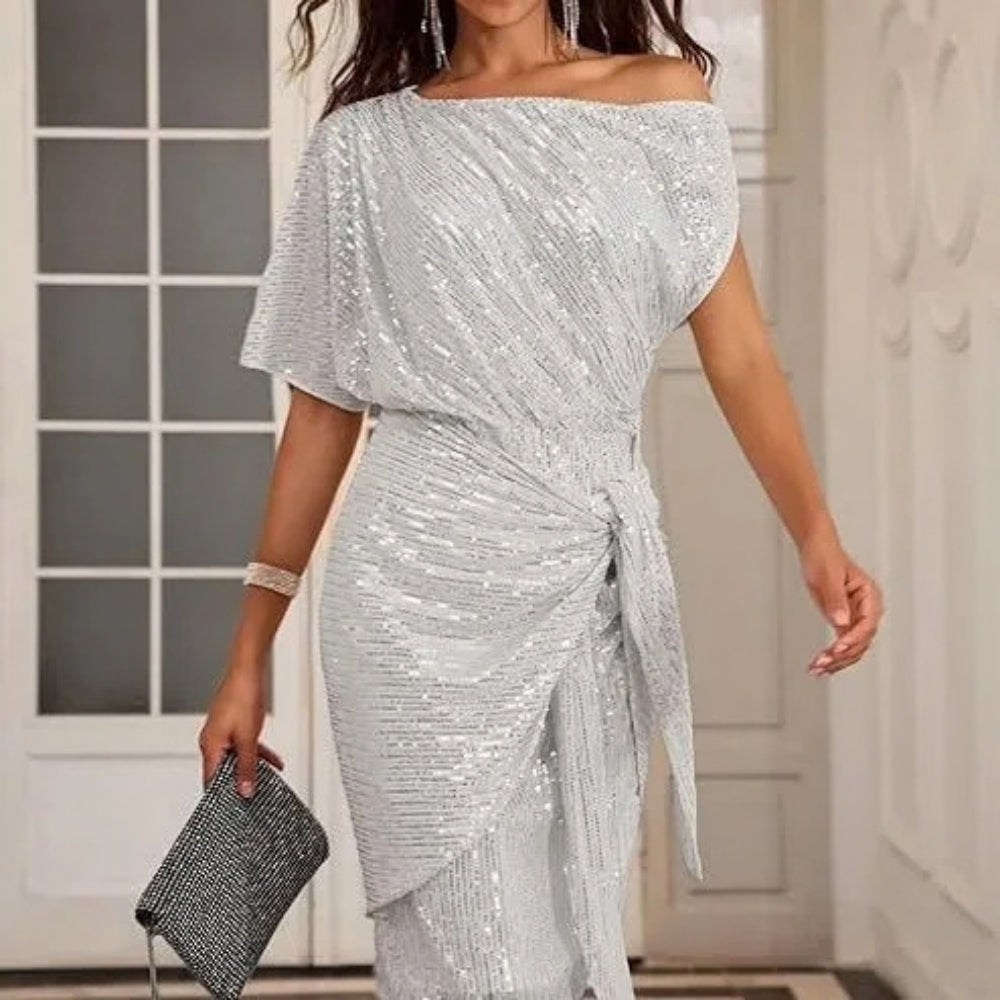 Green Dress Women with Belted Waist in Silver#colour_silver
