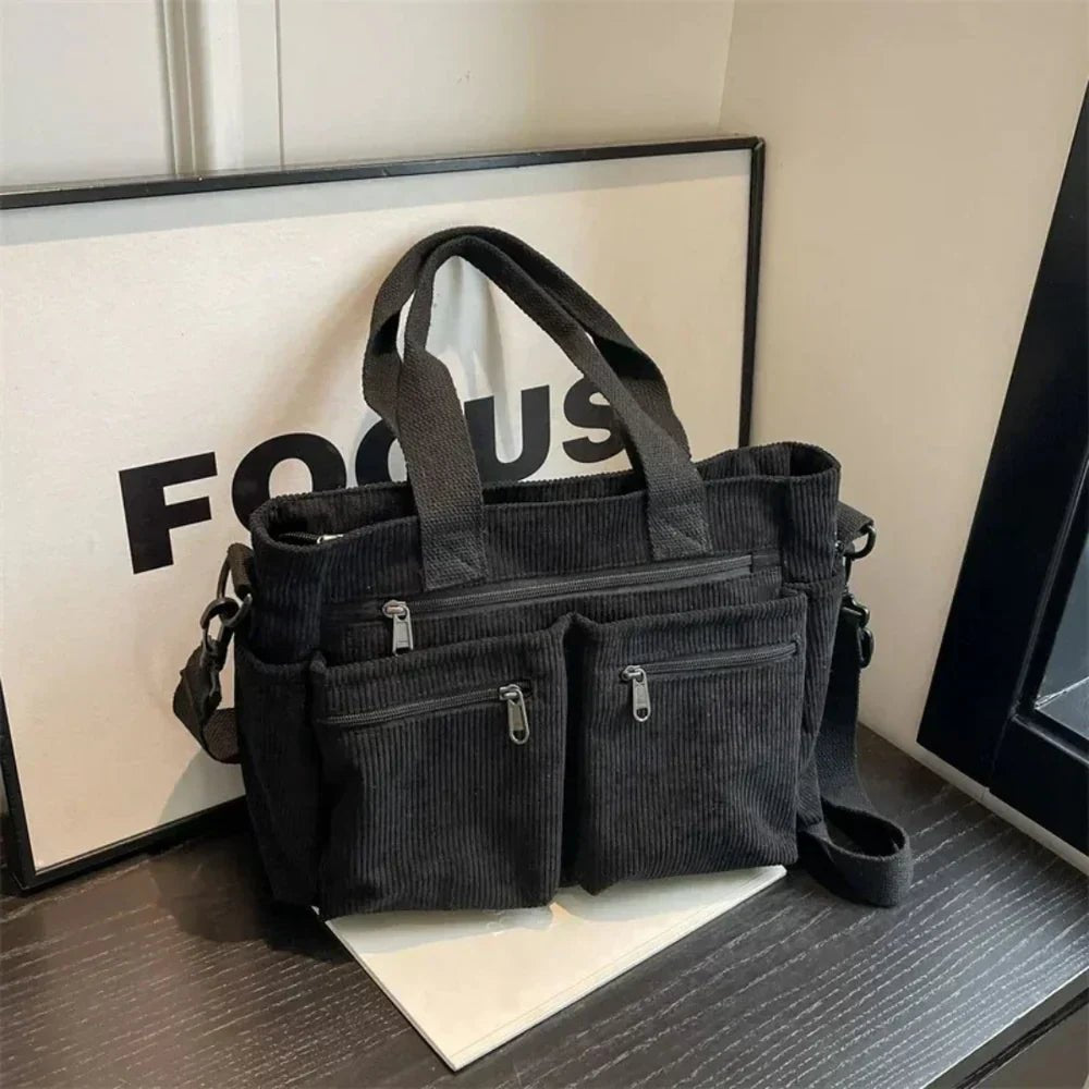 Tote Bag Women Corduroy Pockets | Convertible Crossbody Strap – Black #colour_black