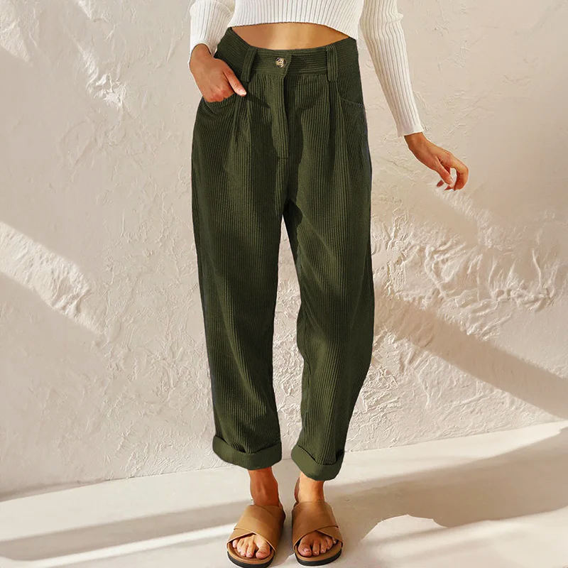 Wide Leg Trouser Pants Women with Velvet Texture in Green#colour_green