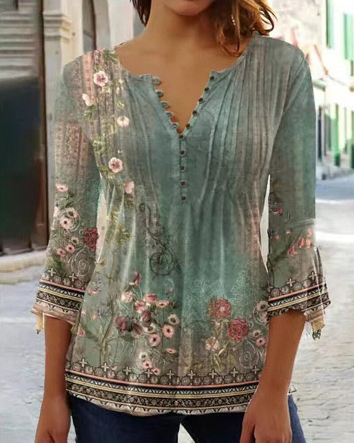 T Shirt Women Floral Print Tunic | Button Placket and Pin Tucks in Green#colour_green