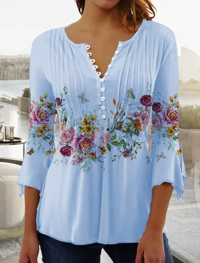 T Shirt Women Floral Print Tunic | Button Placket and Pin Tucks in Light Blue#colour_light-blue