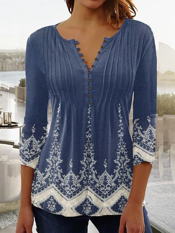 T Shirt Women Floral Print Tunic | Button Placket and Pin Tucks in Blue#colour_blue