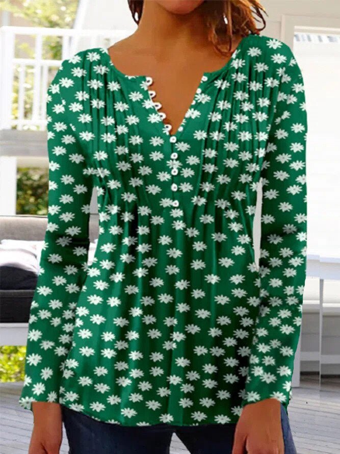 T Shirt Women Floral Print Tunic | Button Placket and Pin Tucks in Dark Green#colour_dark-green