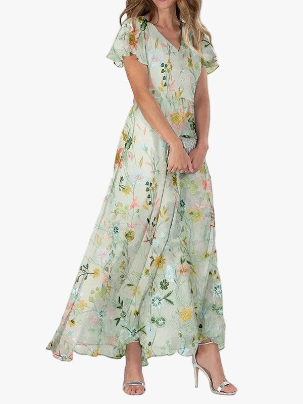 Summer Dress Women Flutter Sleeves | Fine Floral on Woven Chiffon – Green #colour_green
