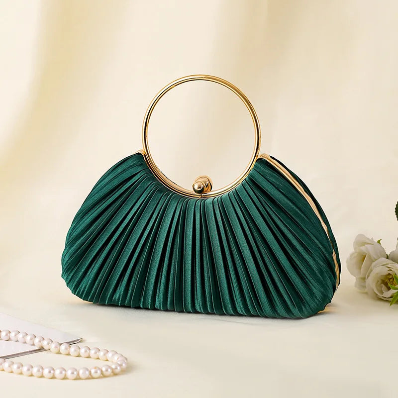 Handbag Women Pleated Evening | Round Ring Handle in Green#colour_green