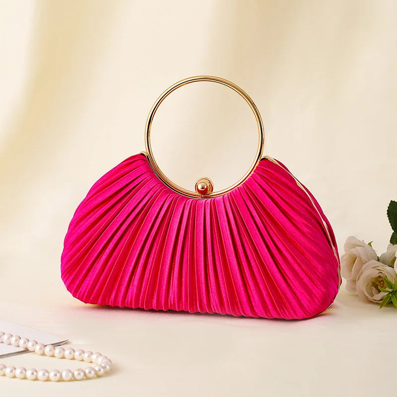 Handbag Women Pleated Evening | Round Ring Handle in Pink#colour_pink