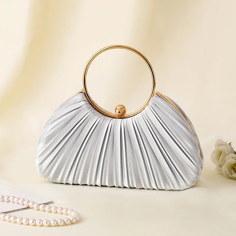 Handbag Women Pleated Evening | Round Ring Handle in Silver#colour_silver