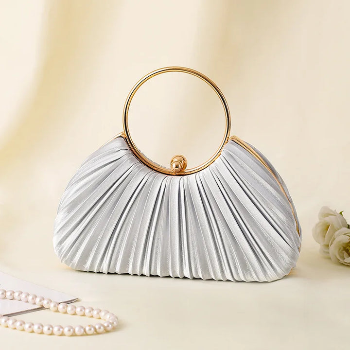 Handbag Women Pleated Evening | Round Ring Handle in Silver#colour_silver
