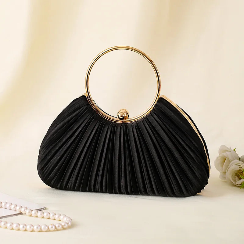 Handbag Women Pleated Evening | Round Ring Handle in Black#colour_black