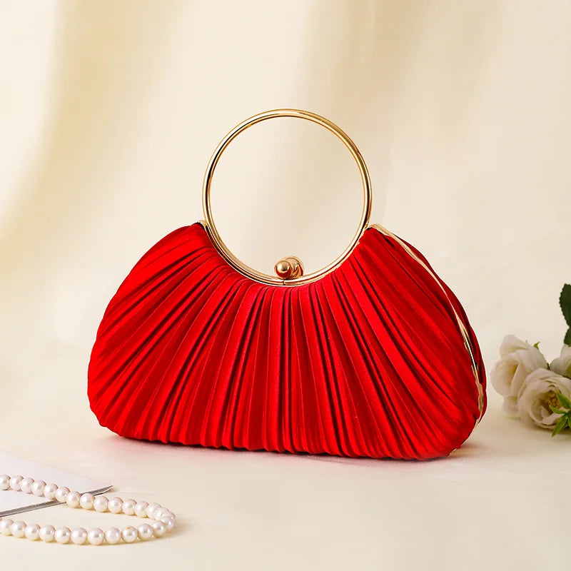 Handbag Women Pleated Evening | Round Ring Handle in Red#colour_red