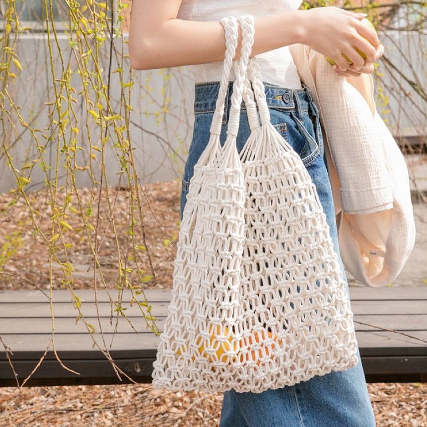 Macrame Bag Women Knotted Cotton | Open Net and Rope Handles – White #colour_white