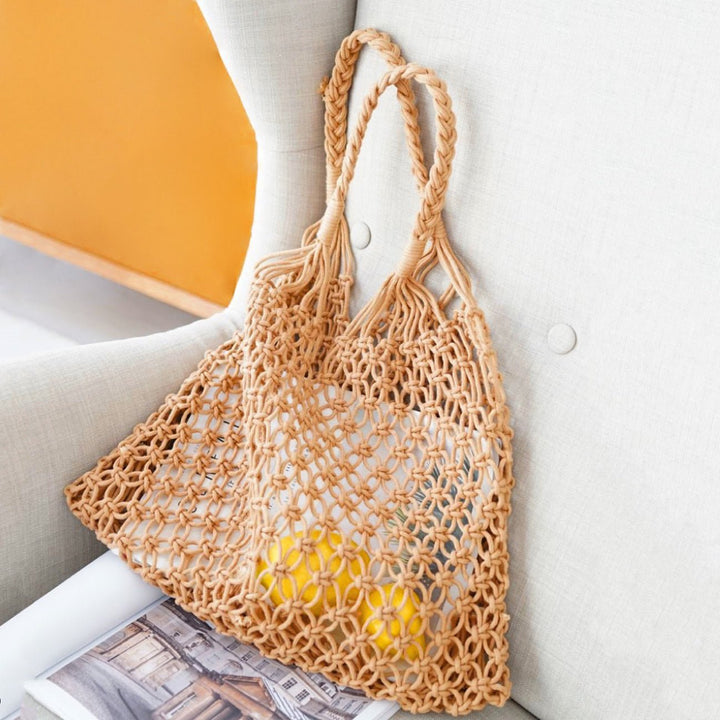 Macrame Bag Women Knotted Cotton | Open Net and Rope Handles – Camel #colour_camel