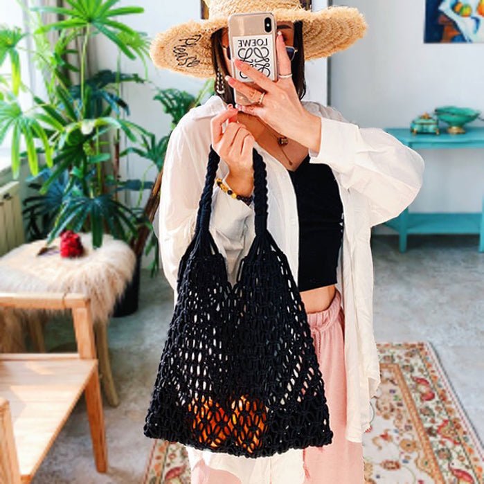 Macrame Bag Women Knotted Cotton | Open Net and Rope Handles – Black #colour_black