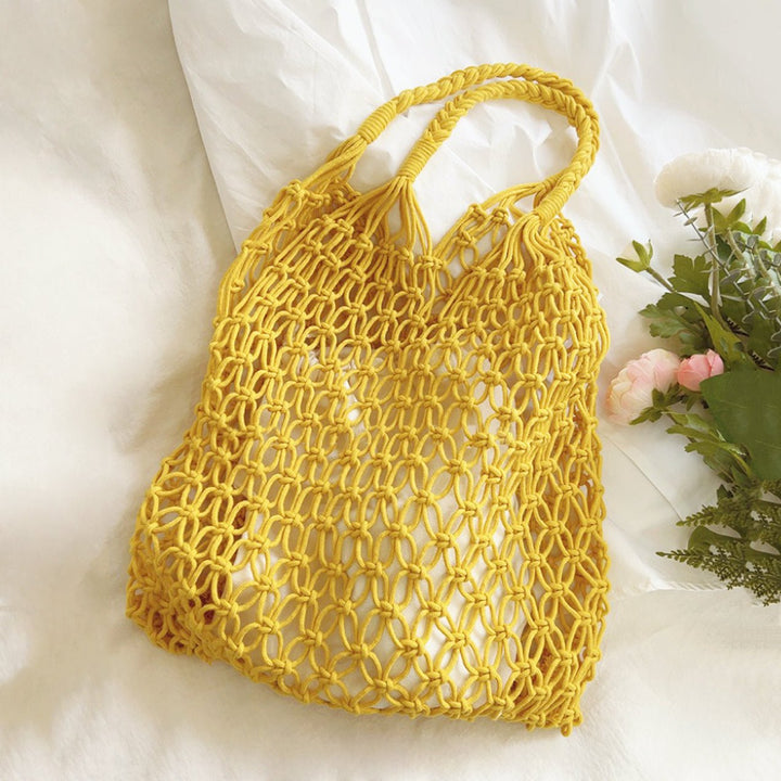 Macrame Bag Women Knotted Cotton | Open Net and Rope Handles – Yellow #colour_yellow