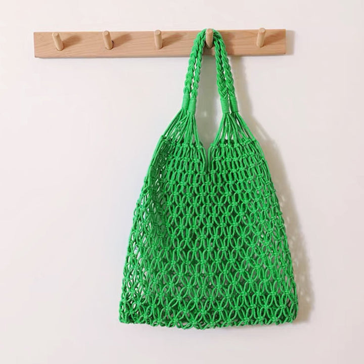 Macrame Bag Women Knotted Cotton | Open Net and Rope Handles – Green #colour_green