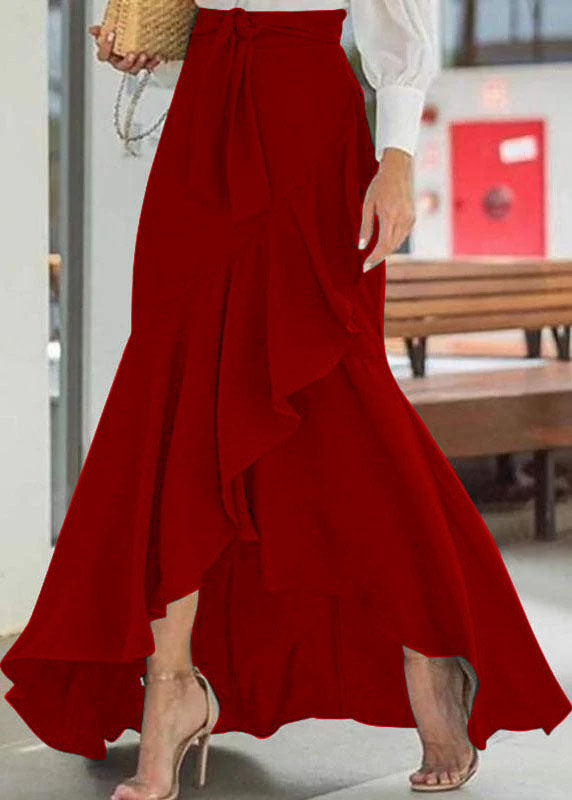 Long Skirts Women with High Waist and Belted Waist in Red#colour_red