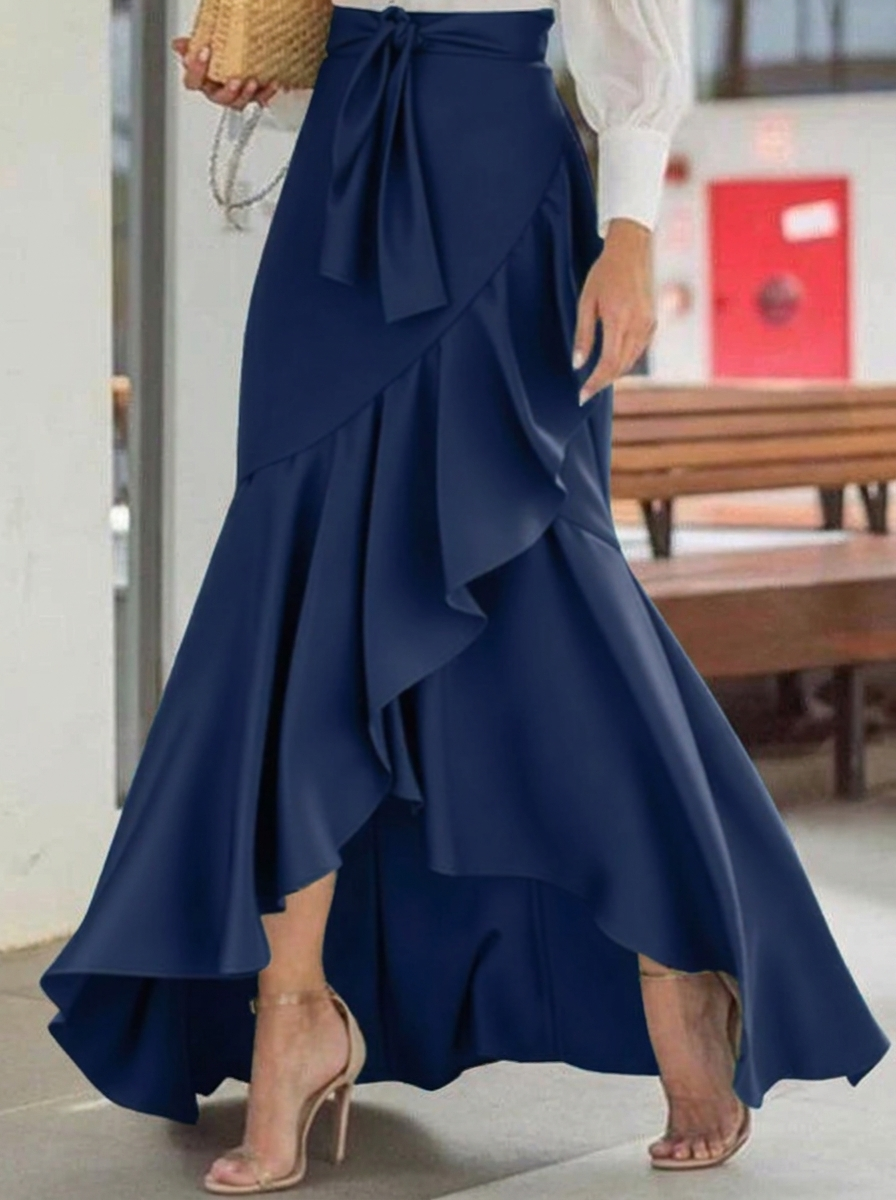 Long Skirts Women with High Waist and Belted Waist in Blue#colour_blue