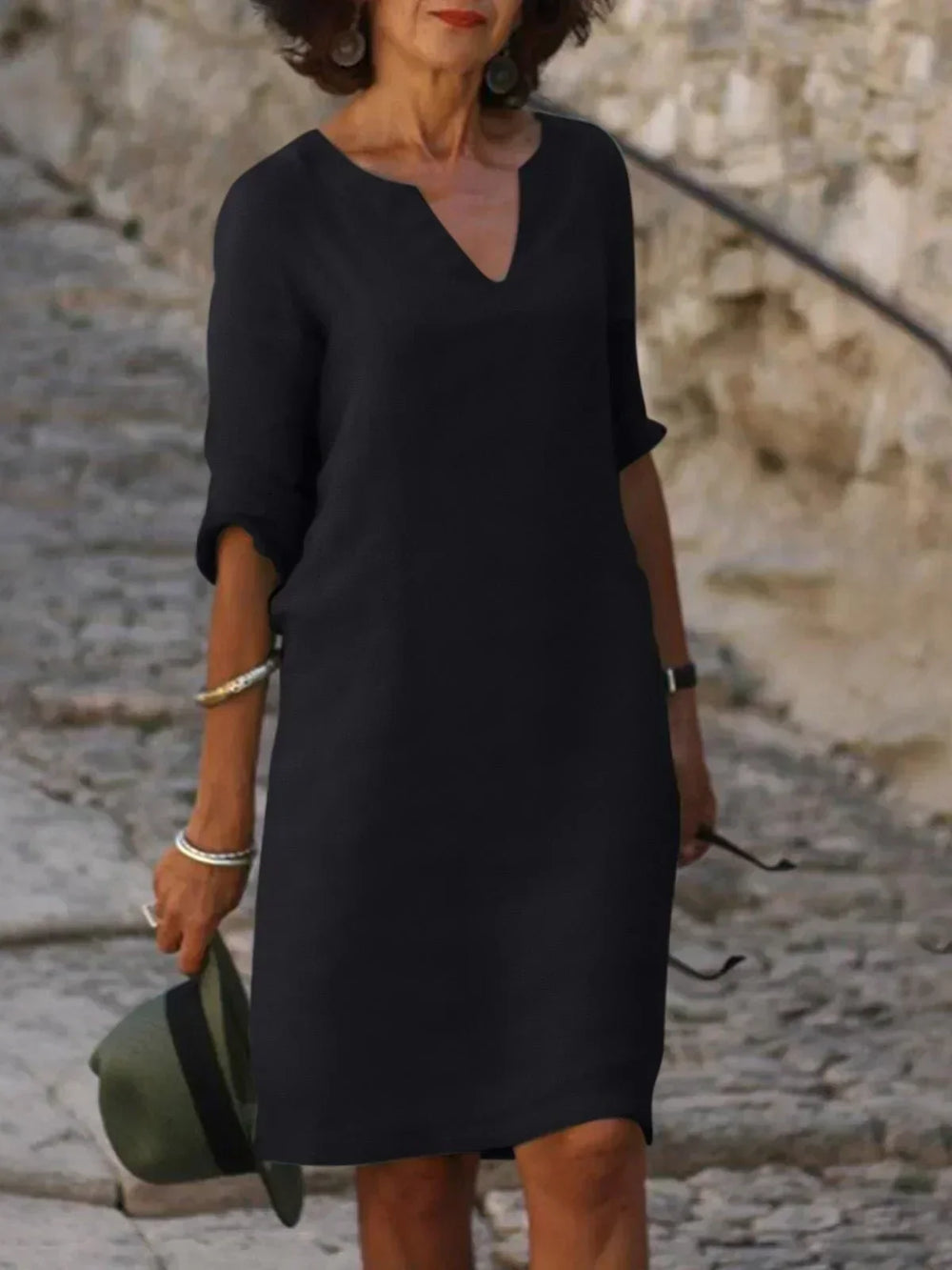 Linen Dress Women Notch Neckline | Relaxed Shift Mini Length – Black #colour_black