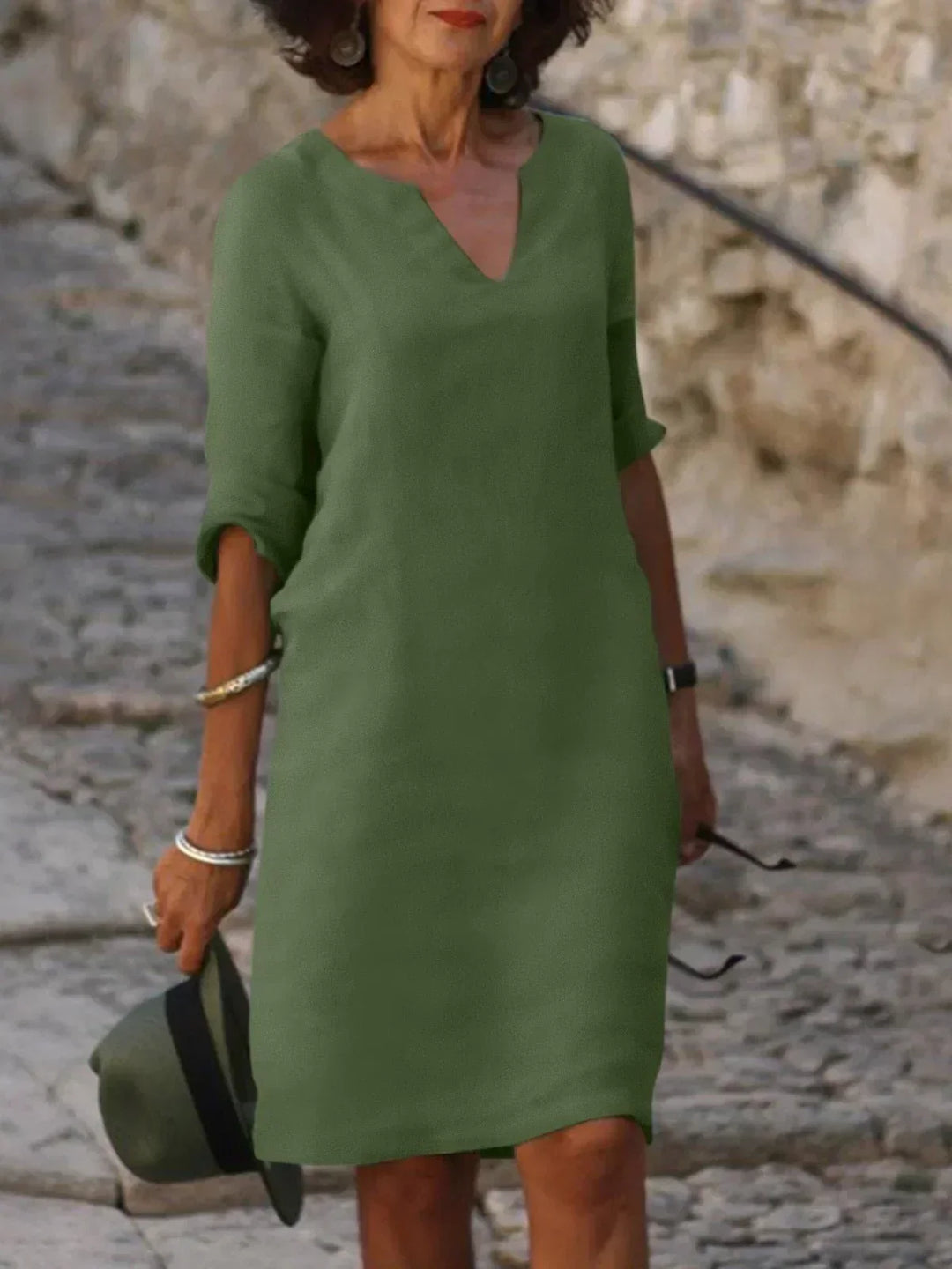 Linen Dress Women Notch Neckline | Relaxed Shift Mini Length – Olive #colour_olive
