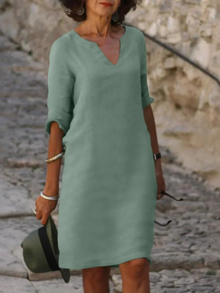 Linen Dress Women Notch Neckline | Relaxed Shift Mini Length – Sage #colour_sage