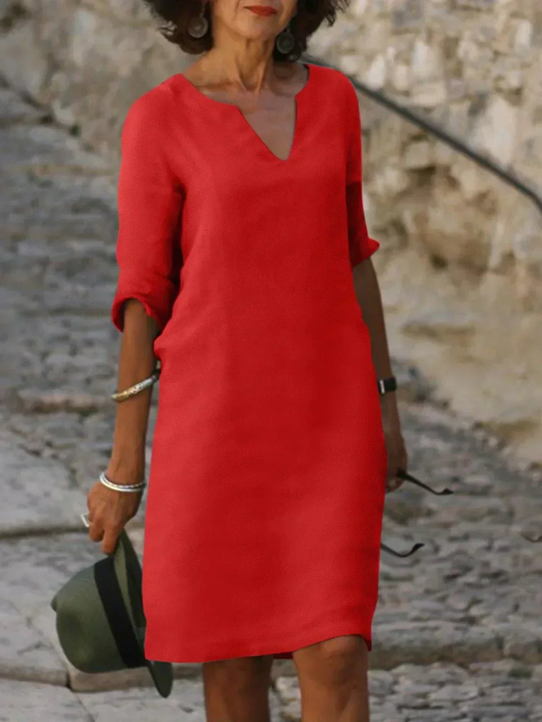 Linen Dress Women Notch Neckline | Relaxed Shift Mini Length – Red #colour_red