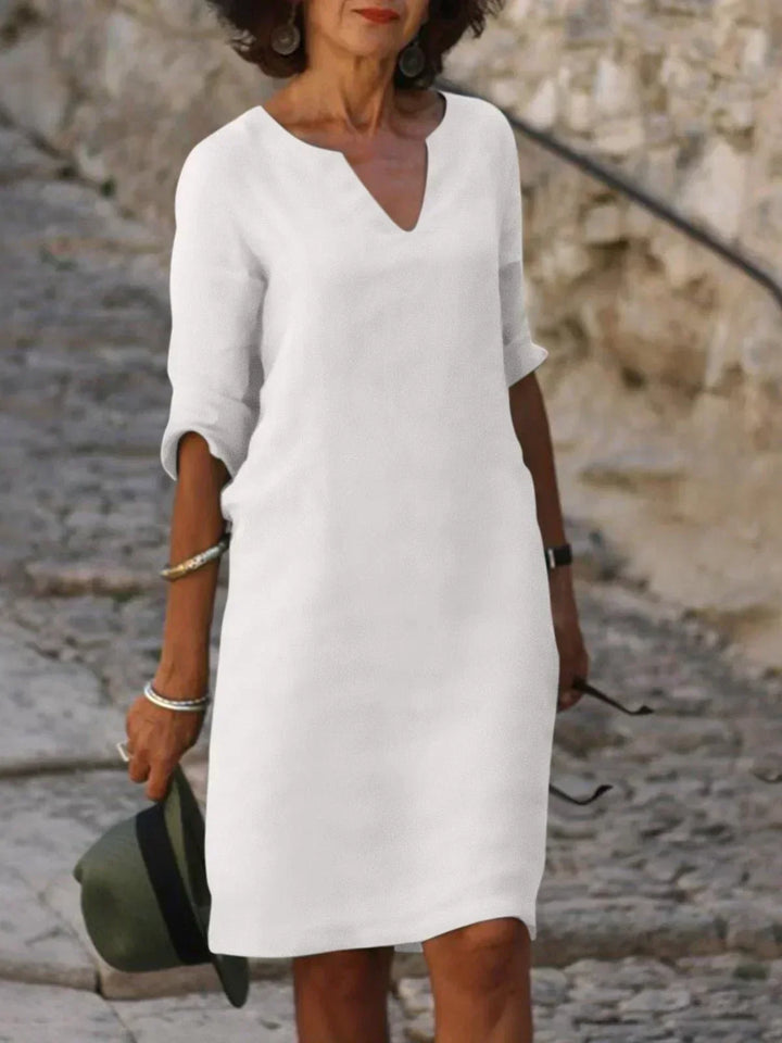 Linen Dress Women Notch Neckline | Relaxed Shift Mini Length – Cream #colour_cream