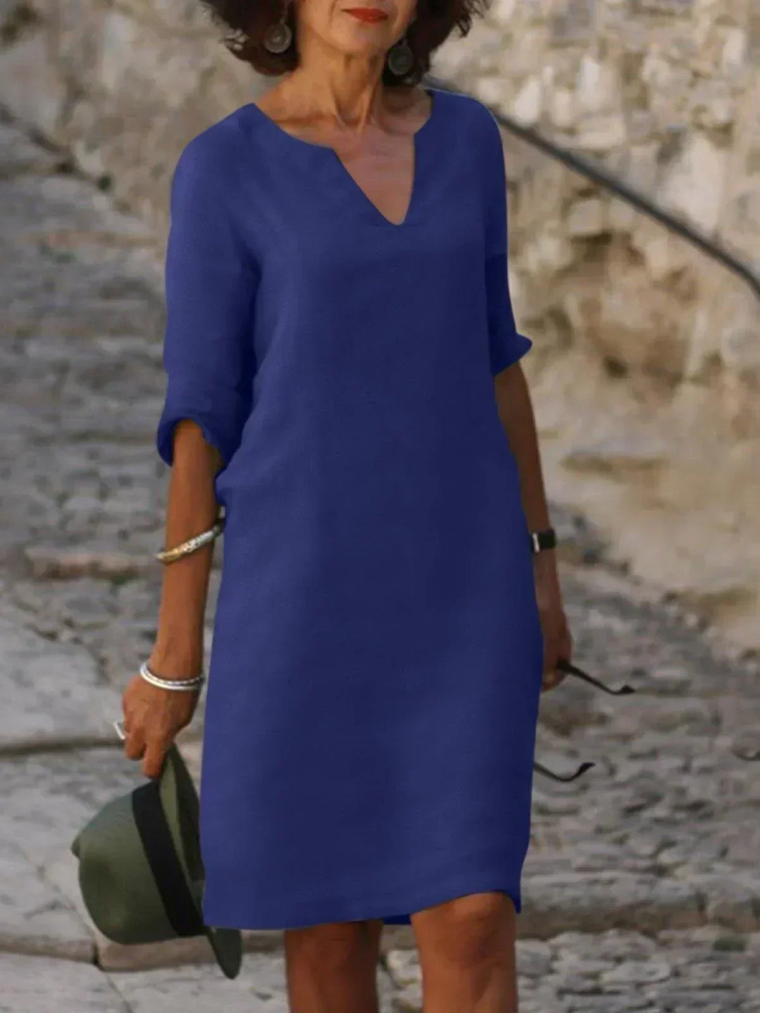 Linen Dress Women Notch Neckline | Relaxed Shift Mini Length – Navy #colour_navy