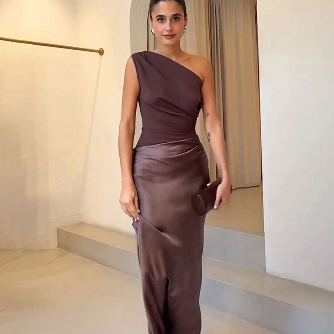 Maxi Dress One shoulder Ruched Satin in Chocolate#colour_chocolate