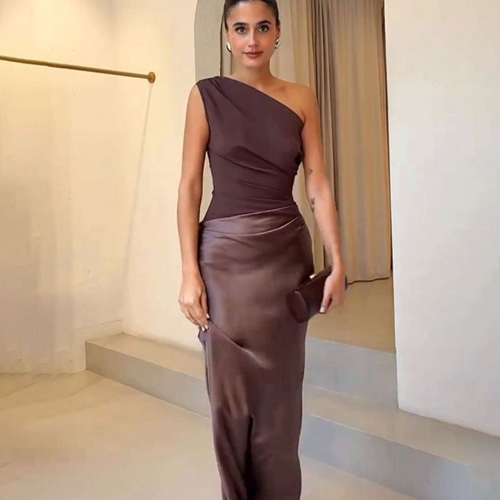 Maxi Dress One shoulder Ruched Satin in Chocolate#colour_chocolate