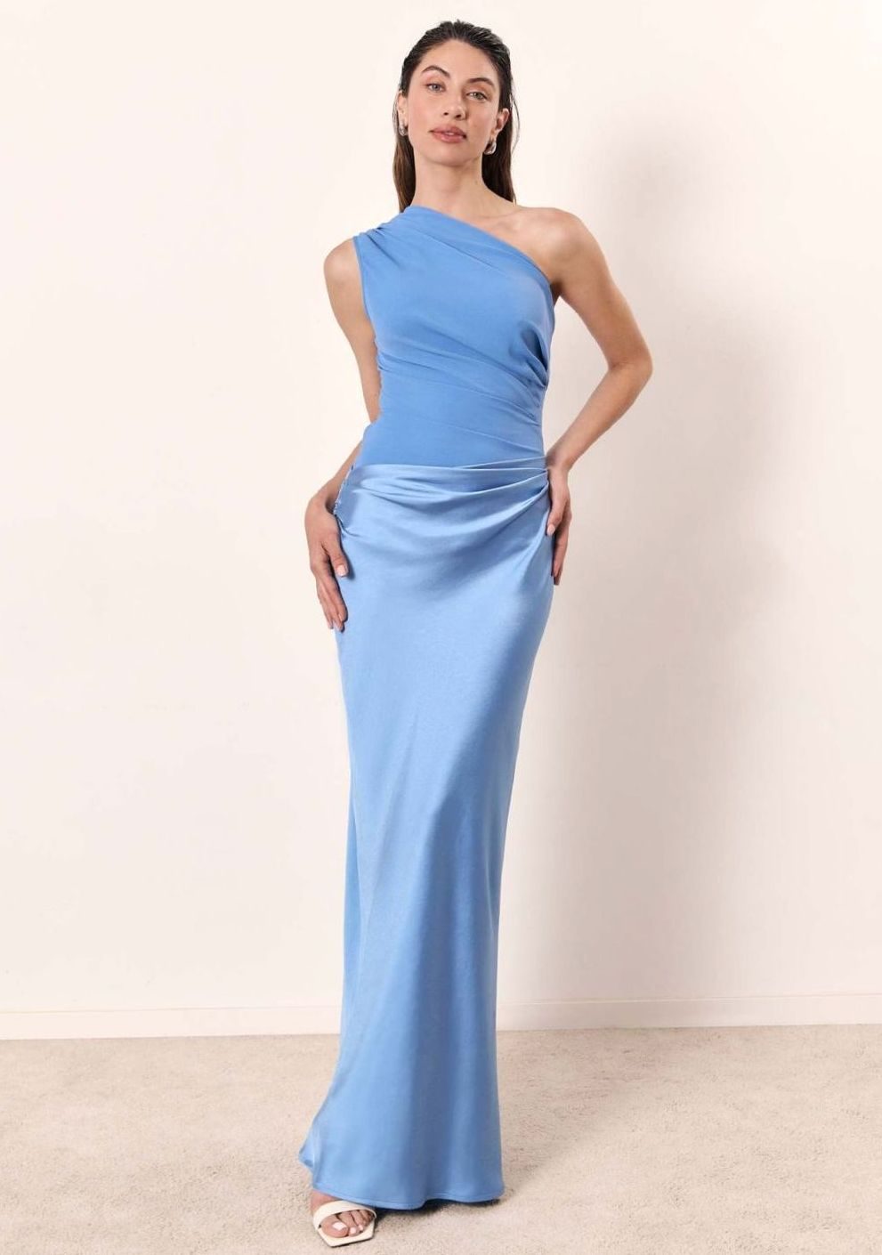 Maxi Dress One shoulder Ruched Satin in Sky Blue#colour_sky-blue