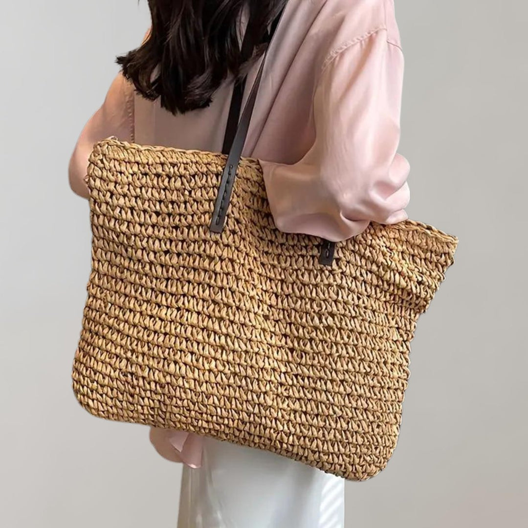 Straw Bag Women Oversized Woven | Open Weave and Long Handles – Khaki #colour_khaki