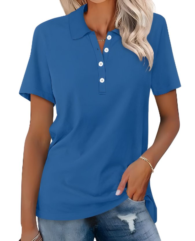 Shirt Women Polo Collar Cotton | Relaxed Short Sleeve in Blue#colour_blue