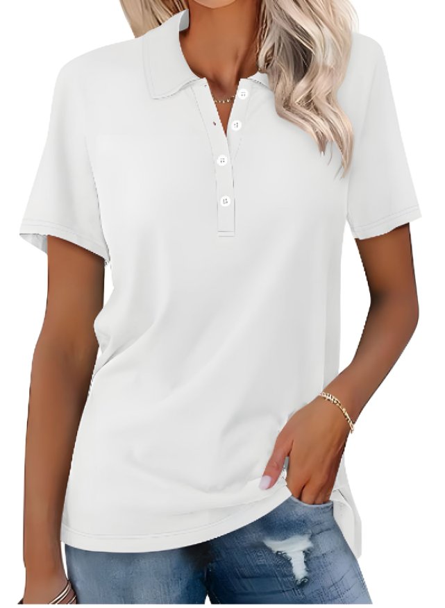 Shirt Women Polo Collar Cotton | Relaxed Short Sleeve in White#colour_white
