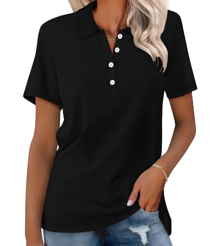 Shirt Women Polo Collar Cotton | Relaxed Short Sleeve in Black#colour_black